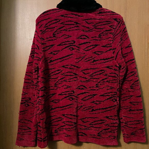 Outlander Red Tiger Strips Fur Collar Button Up Sweater - Picture 7 of 7
